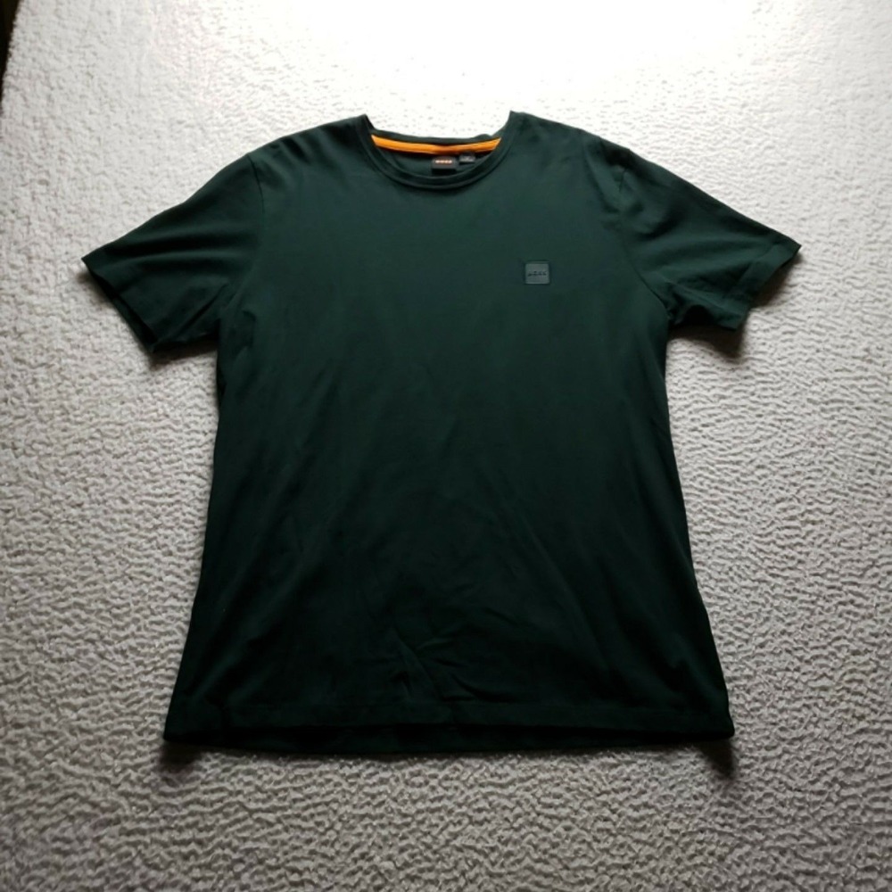 Boss Shirt Mens 2XL Green Solid Basic Logo Crewneck Jersey Tee Made In Portugal